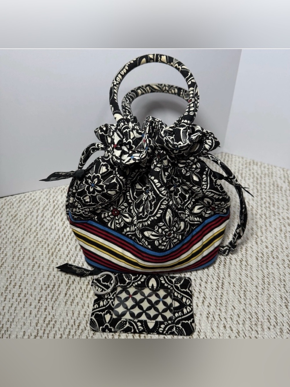 Vera Bradley Black Floral Drawstring Mini Tote And Wallet with Multicolor Stripe